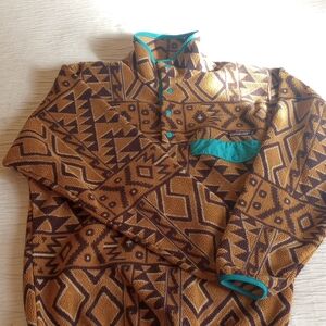 Patagonia Brown Geometric Fleece Pullover with Teal Trim